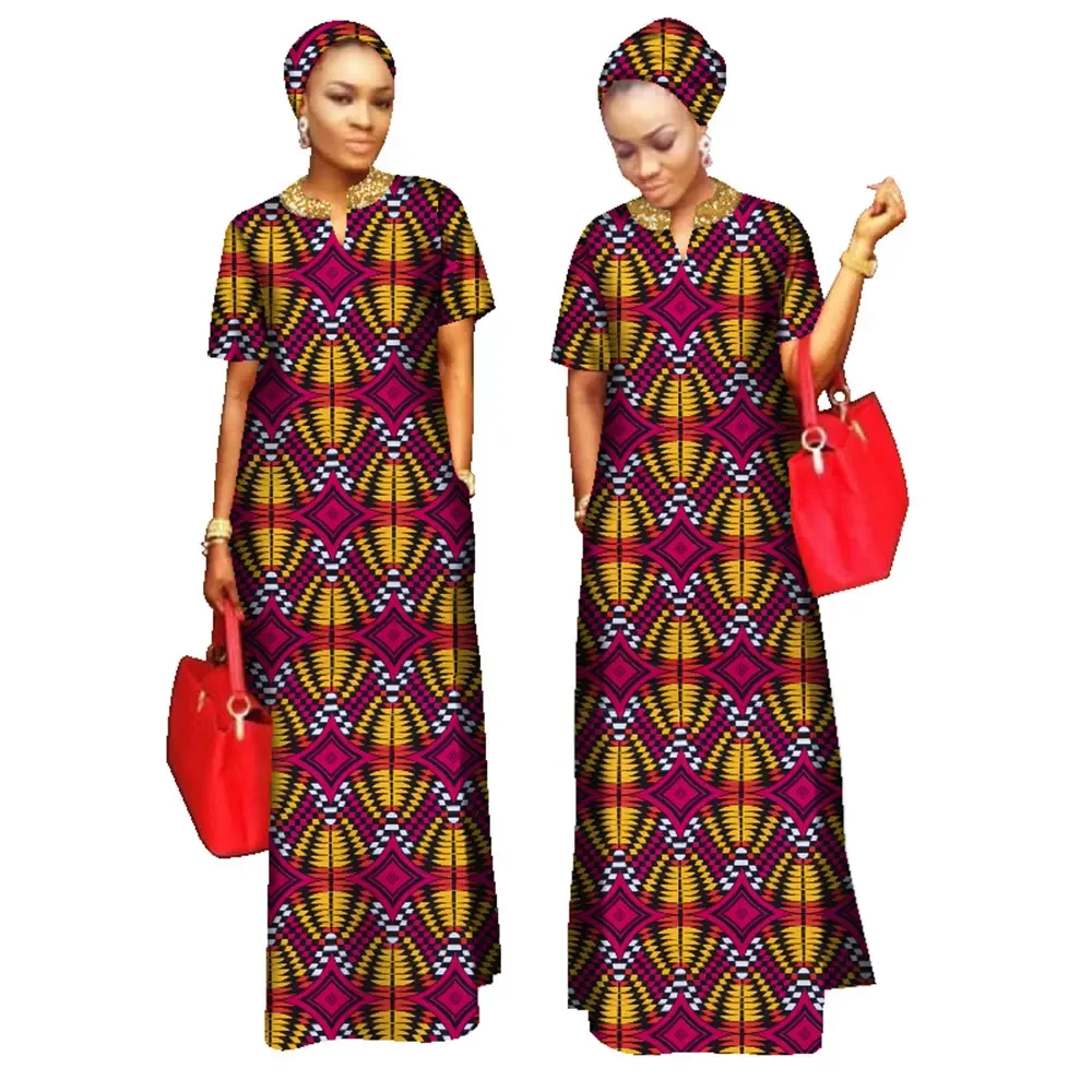 

BRW African Print Clothing for Women Short Sleeve Outfits Woment Free Head Scarf Lady Long Dress Maxi Size WY843