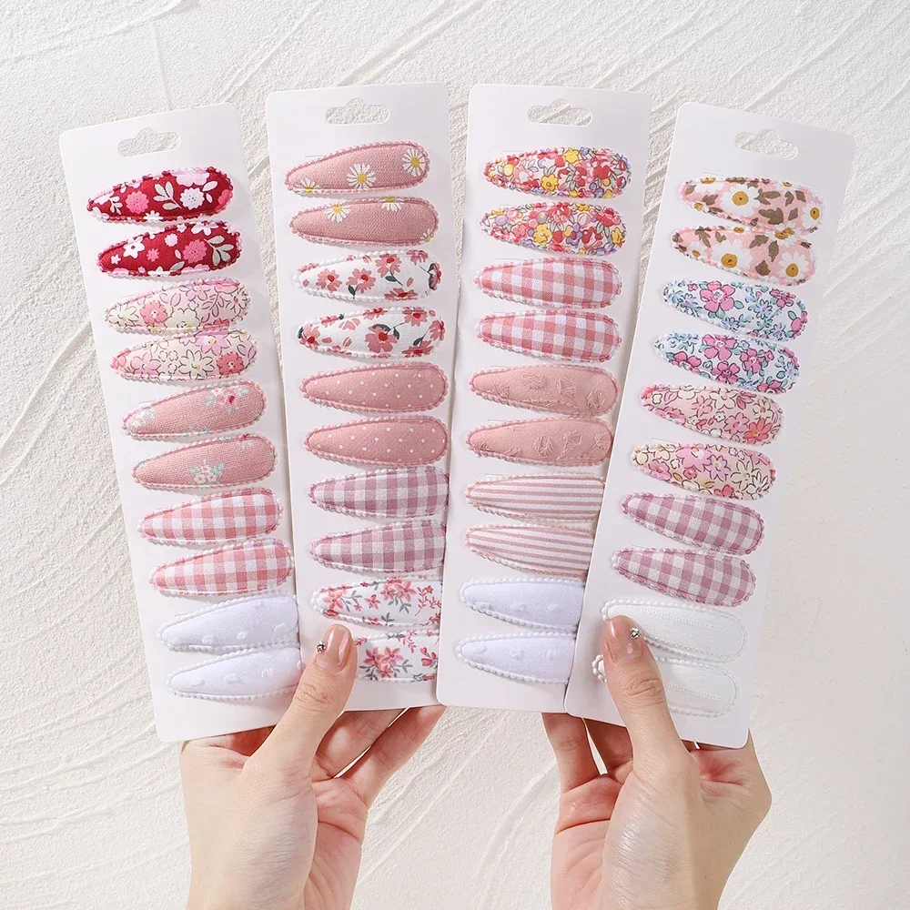 10Pcs Baby Hairclip Fresh Print Cotton Alloy Hair Clips Set Fabric Plaid BB Hairpins Todller Hairgripe Headwear Hair Accessories