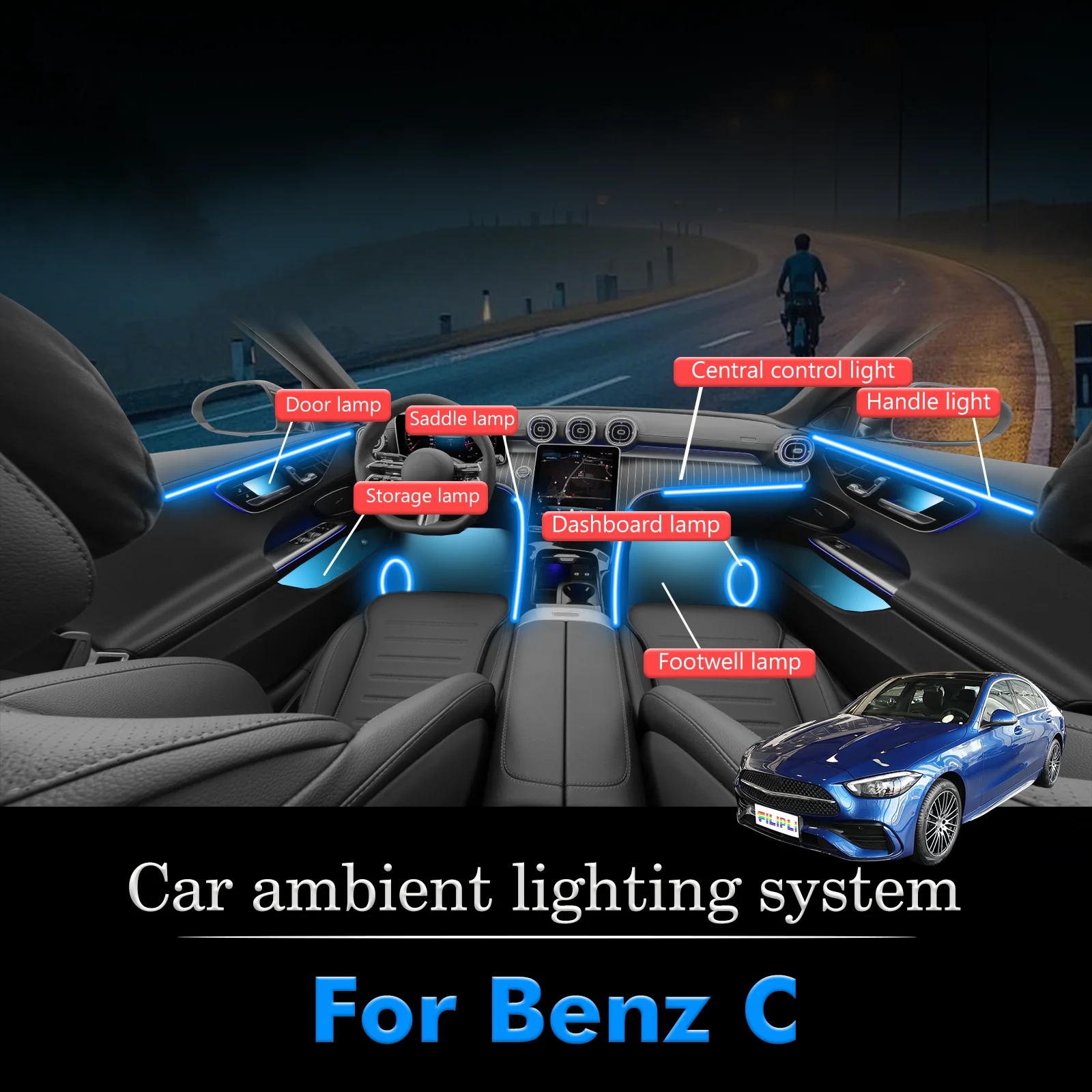 

For BenZ C-Class RGB 64 Colors LED Smart Remote Control Car Interior Ambient Light Energy Saving Efficient Lamp Set