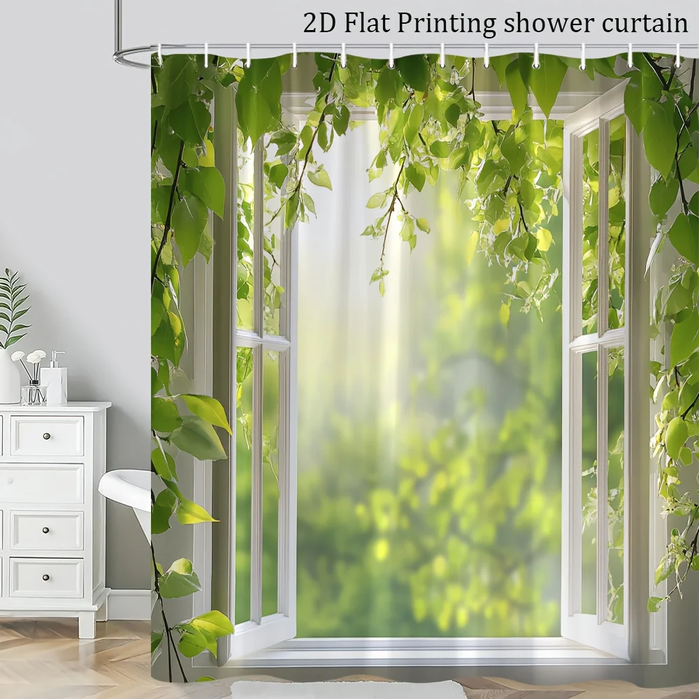 [2D Flat Printing]1pcs Ivy Window Shower Curtain White Frame Heart Shaped Leaves Green Forest View Sunlit Foliage Refreshing Sce