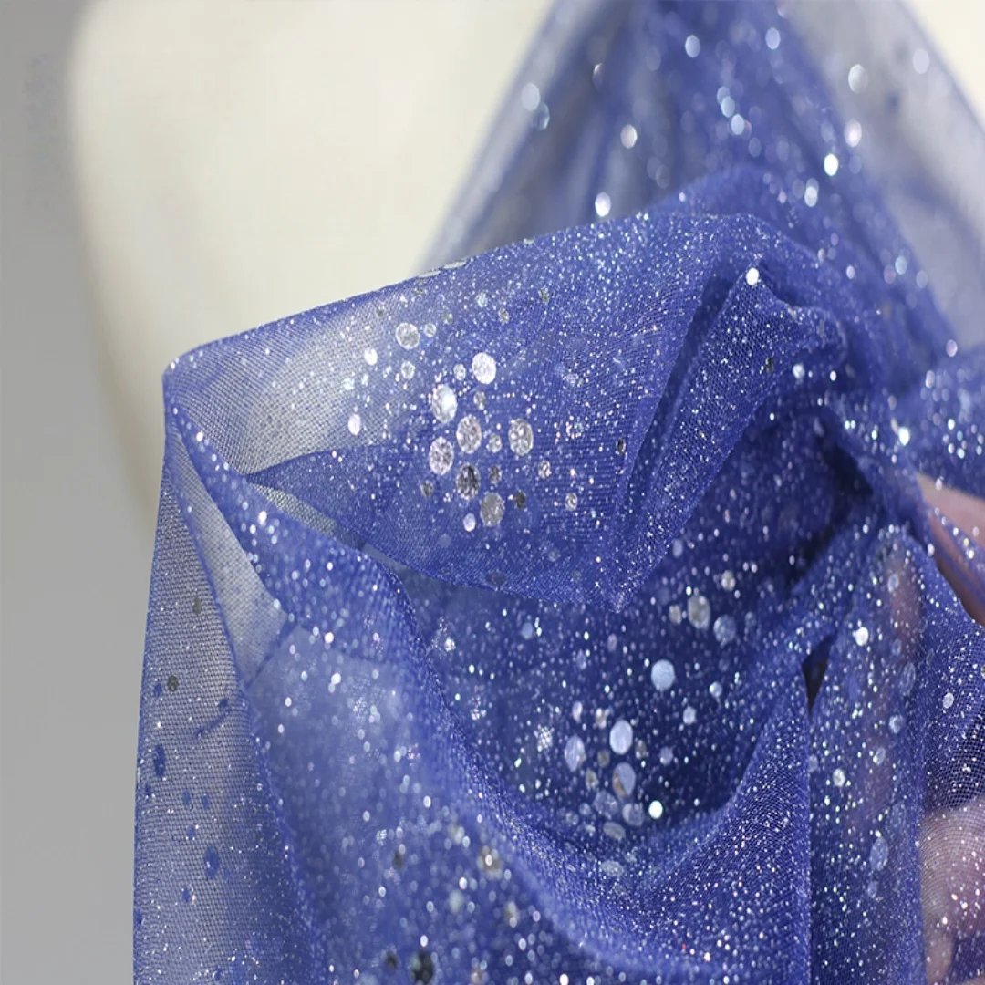 Kain Renda Lebar 0.5 Meter 59.05 Inci, Renda Biru, Kain Renda Payet, Kain Renda 3D, Renda untuk Gaun DIY