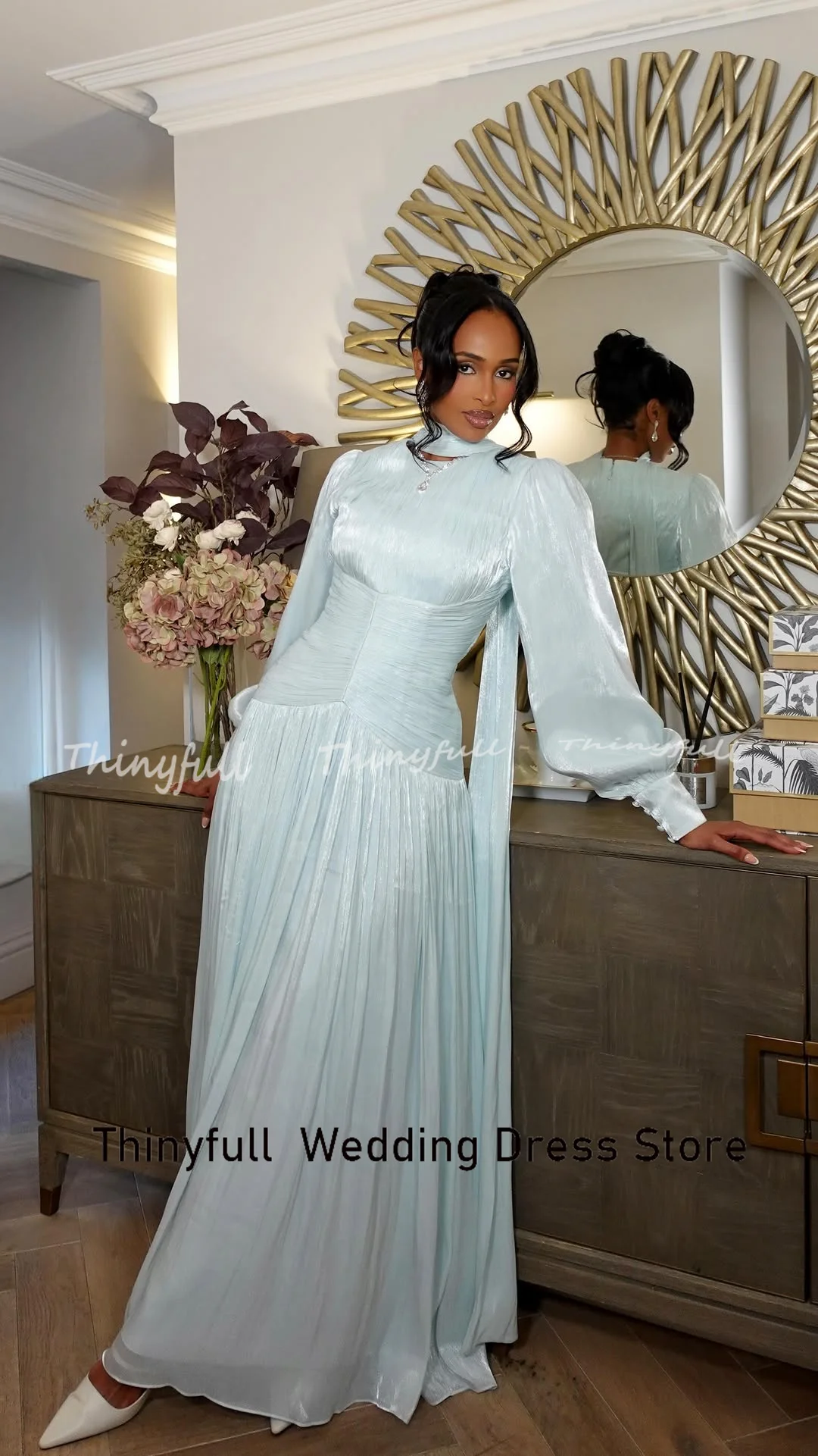 Thinyfull a-line فساتين لحضور الحفلات الموسيقية العربية رقبة دائرية وأكمام طويلة من الساتان اللامع ثوب مسائي طويل فستان رسمي رداء de soirée مخصص #2