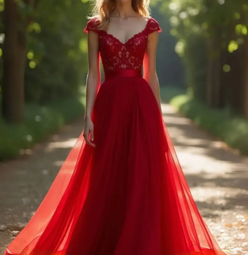 فستان زفاف كلاسيكي أحمر على شكل حرف a مزين بالدانتيل عاري الكتفين وأكمام طويلة من التل زي العرائس رداء de mariée مخصص