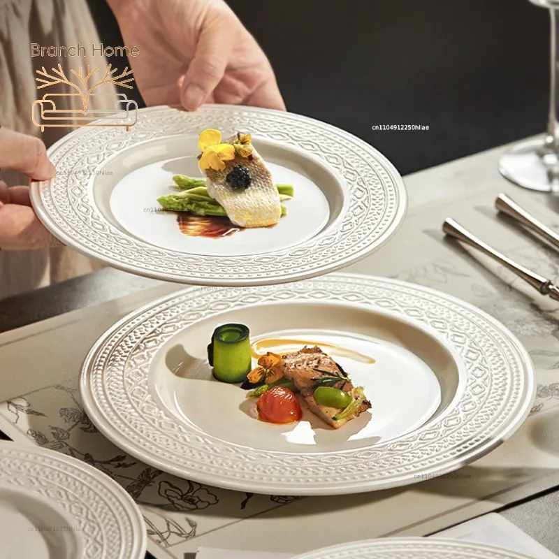 French relief steak dinner plate Deluxe sense light luxury household ceramic pasta plate plate kitchen cutlery