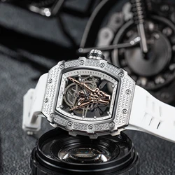 OBLVLO Designer Finger Diamonds Wine Barrel Skeleton Mechanical Watch White Rubber Automatic Self-wind Watch Reloj Hombre XM-FIG