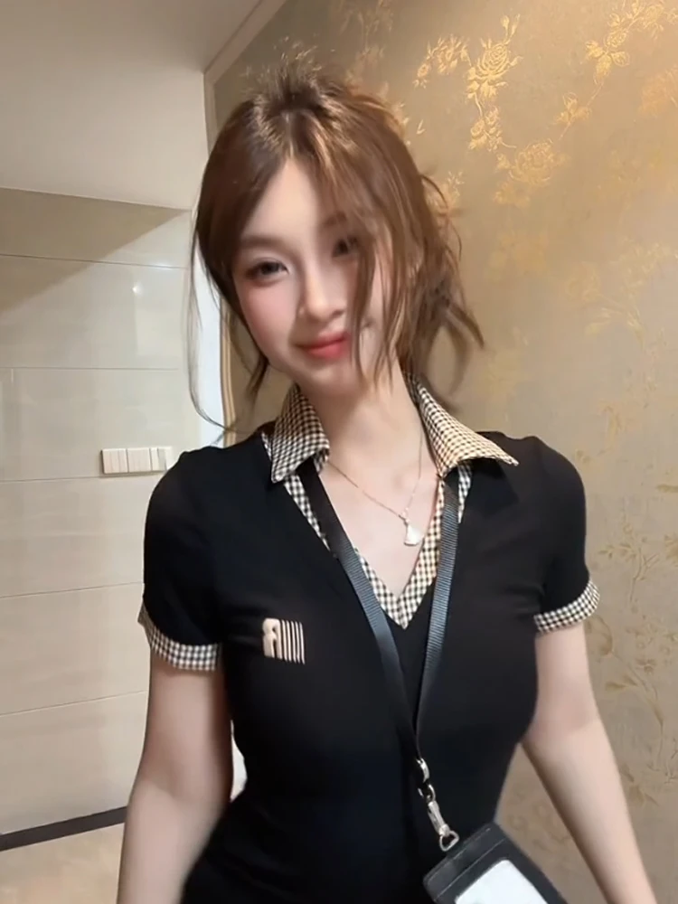 T-shirt ort-sved patchwork retrò americana V-ne T-shirt estiva da donna piccante slim fit in vita oulder irt Top