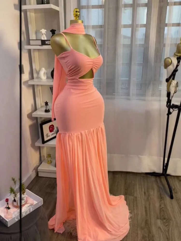 エレガントなピンクの女性用カットアウトウエストサマードレス、細ストラップセクシーイブニングロングノースリーブドレス