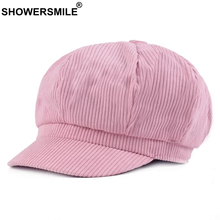 

SHOWERSMILE Pink Corduroy Newsboy Hat for Women Octagonal Cap Beret Vintage Flat Caps Spring Autumn Khaki Painter Eight Panel