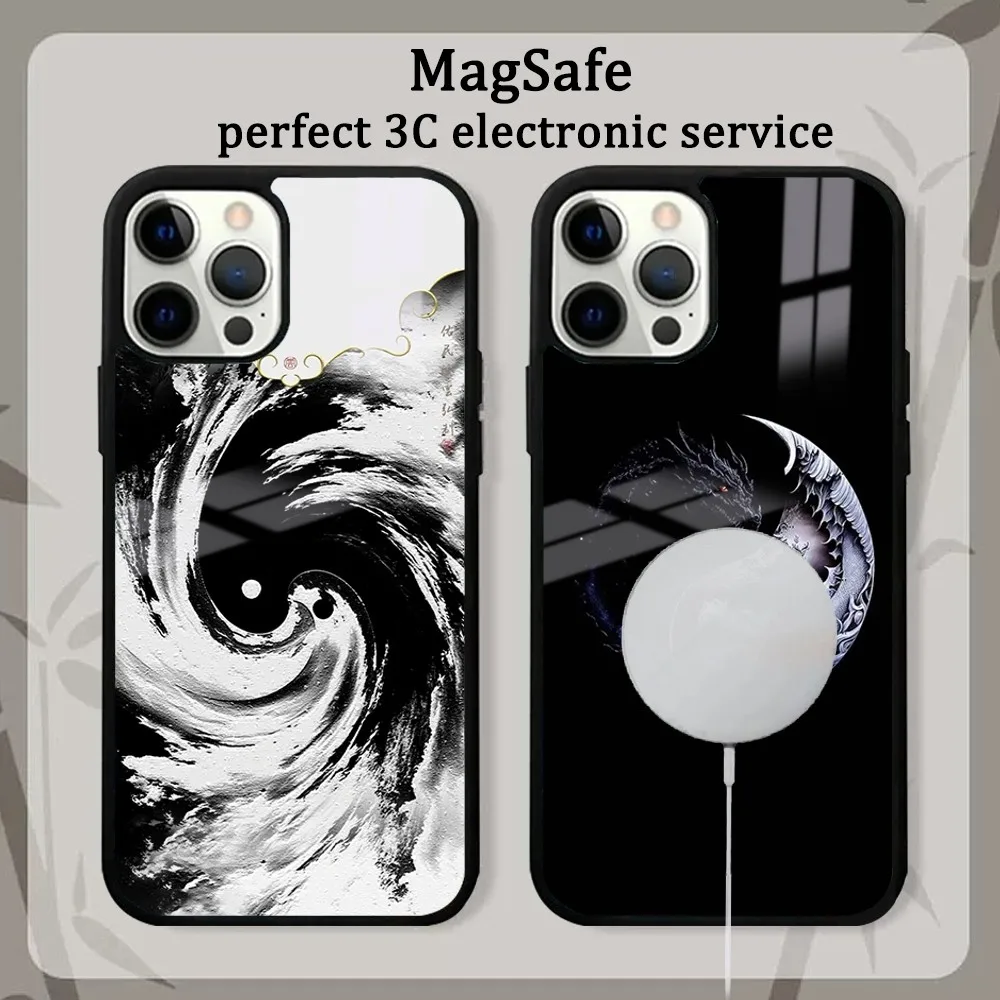 Funda de teléfono con diagrama de Tai Chi, carcasa magnética de espejo, estilo coreano, Simple, negro, blanco, para iPhone 16, 15, 14, 13, 12, 11 Pro Max Plus, Mini