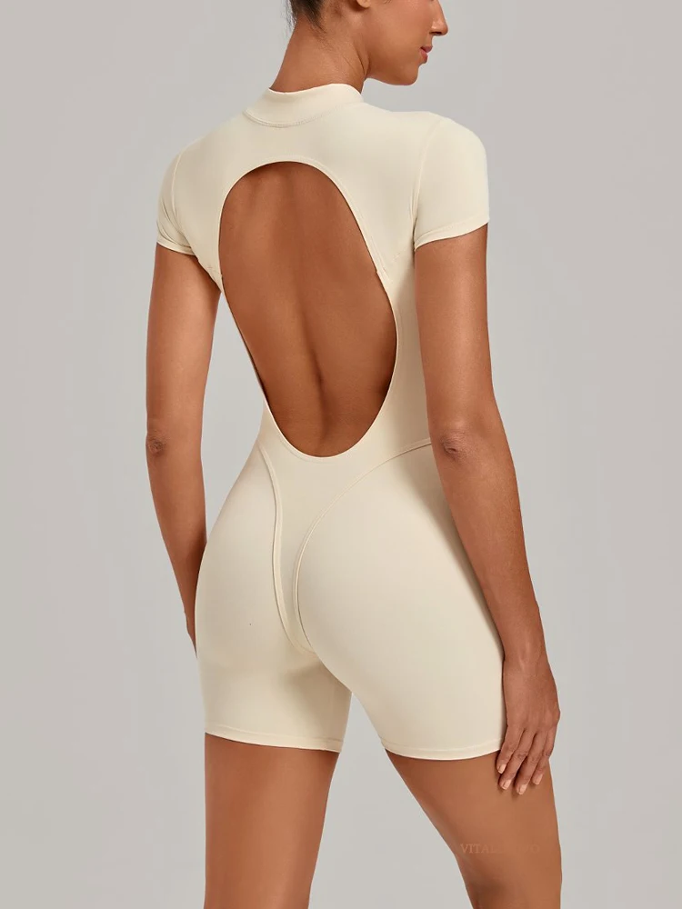 Women Workout Jumpsuit Zip Up Romper Bottom Shorts Bodysuit Bodycon Short Sleeve Yoga Gym Set for for Athletic Leotards Outfits