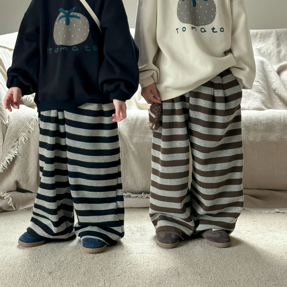 

Детские штаны, зима 209, повседневные полосатые бархатные штаны с широкими штанинами для мальчиков и девочек, детские свободные и универсальные ремни
