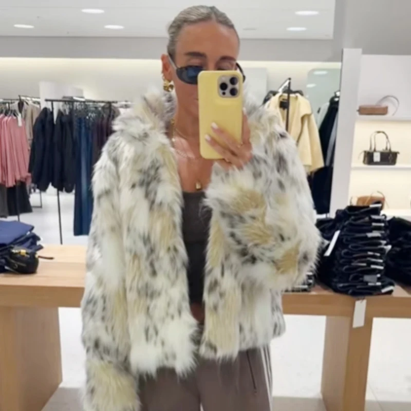 HXAO 2025 ليوبارد رقيق سترة سترة نسائية أفخم فو الفراء معطف ديمي الموسم المحاصيل شعر ملابس خارجية محشوة كم طويل جاكيتات #5