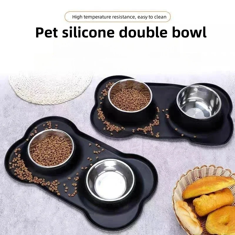 Silicone Bone Shape Pet dog Mat Double Bowl Durable Bite-Resistant Non-Deformable Food Water Feeder Stainless Steel Feeding Bowl