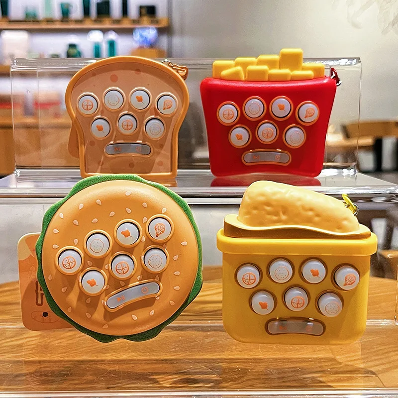 Cartoon Creative Handheld Mini Gopher Machine Keychain Glowing Fries Burger Game Machine Keyring Backpack Decoration Pendant Toy