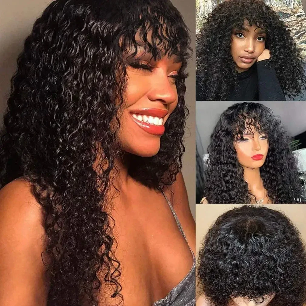 Yyong Kinky Curly Human Hair Wigs Fringe Wigs With Bangs For Women Brazilian Remy Full Machine Made Wig With Bangs 150% Wigs