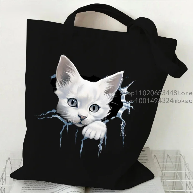 Cartoon 3D Cat Print Women Handbag Fashion Anime Animal Tote Bag High-capacity Reusable Shopping Bag Kitten Design Canvas Bags