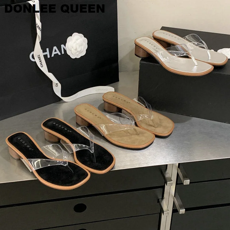 

2026 Summer New Women Wooden Heels Sandals Transparent PVC Square Toe Outdoor Casual Anti-slip Slippers Fashion Flip Flops Shoes