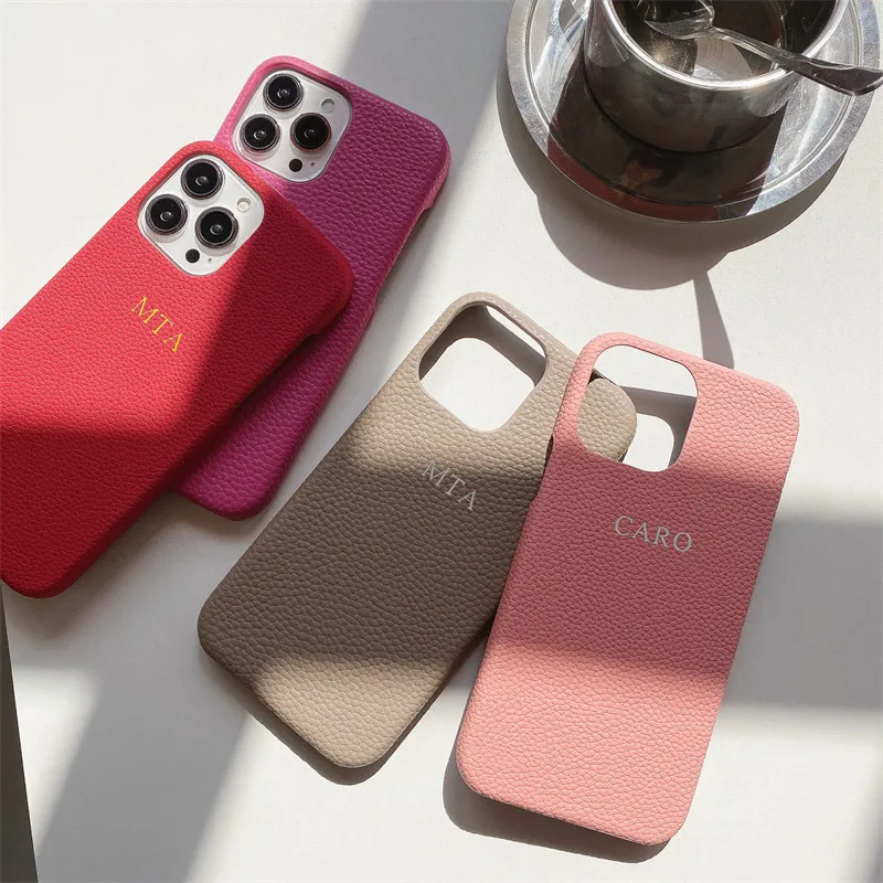 Customized Initial Gold Letters Pebble Grain Leather Cases For iphone 13 14 15 16 Pro Max 12 11 Pro Max X XS XR 7 8 14 PlusCover