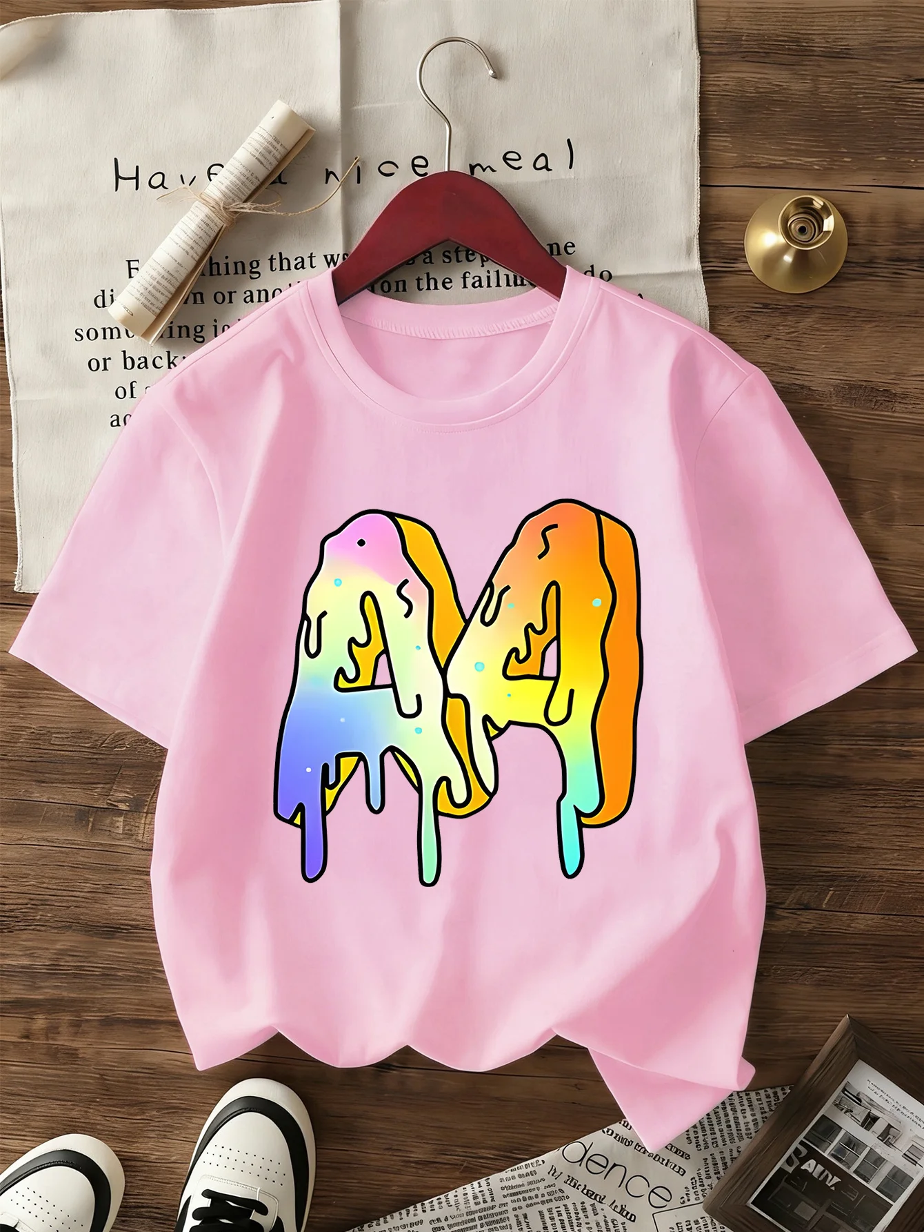 Colorful Dripping Gradient Letter M Graffiti Print Family Matching T Shirt Boys Girls Soft Summer Short Sleeve Daily Casual Tees