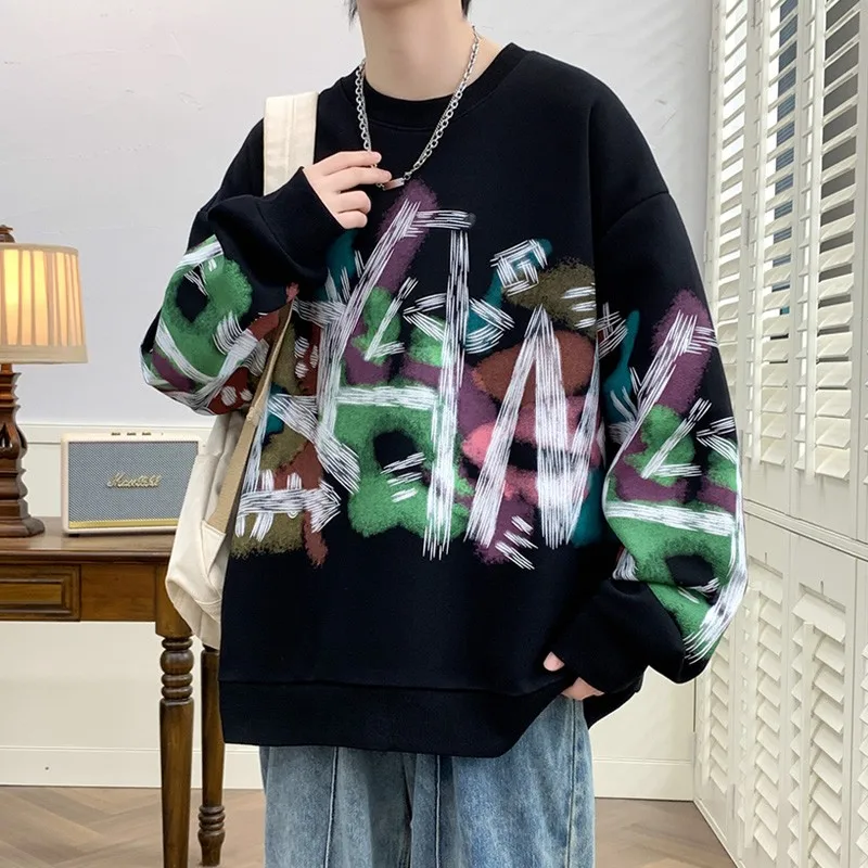 Street Hip-hop Hoodies Men's Round Neck Graffiti Print Pullover Casual Loose Dragon Patterned Sports Shirt Harajuku Men's Top