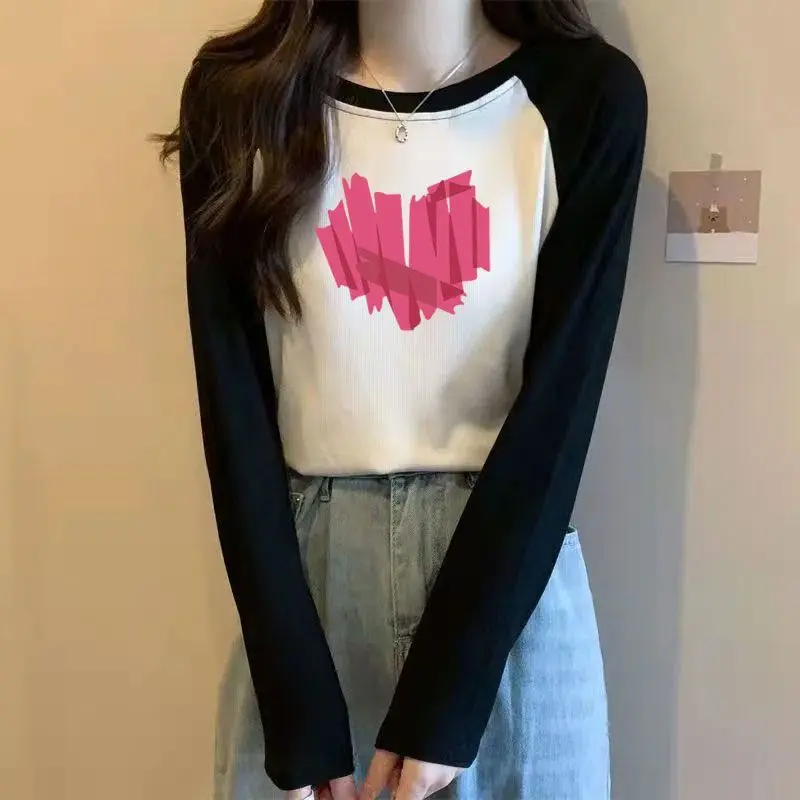 Spring Autumn New Contrast Patchwork Slim T Shirt Tops Long Sleeve Vintage Printing Bottoming Shirt Casual Fashion Women Clothes