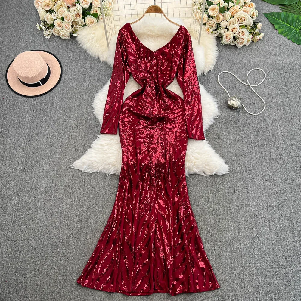 Elegant Long Sleeves Fashion V-Neck Chic Glitter Sequin Slim Mermaid Long Dresses Evening High Street Autumn Winter Clothing