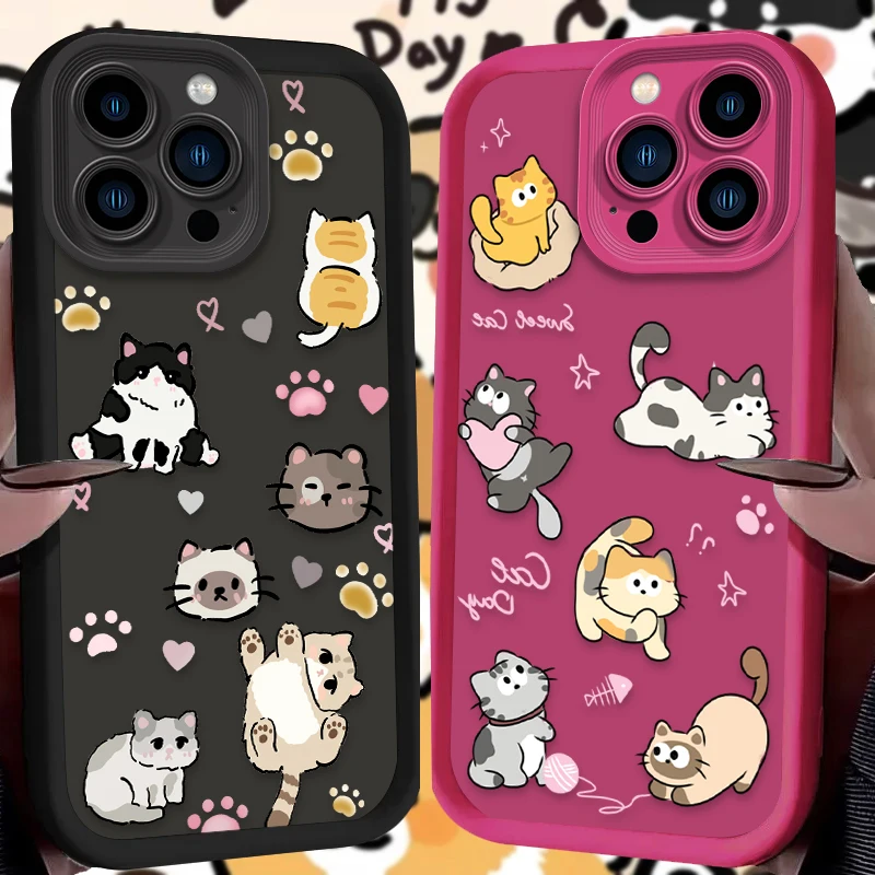 Cute Cartoon Lovely Cat Silicone Case For iPhone 16 15 14 13 12 11 Pro Max X XS X S Max XR SE 2020 7 8 Plus Shockproof Cover