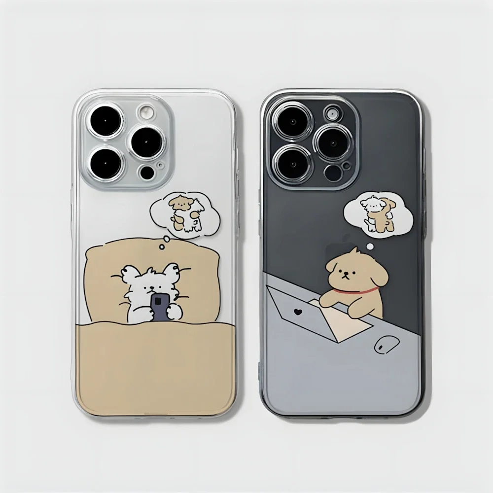 Long-distance Relationship Dog Matching Case for iPhone 16 11 12 13 14 15 Pro Max XR 8 Plus Soft Silicone Clear Cover for Couple