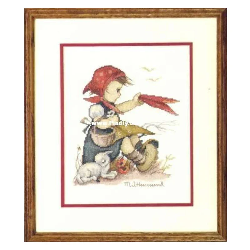 Amishop Top Quality Cute Lovely Counted Cross Stitch Red Headscarf Girl And Dog Farewell 04697