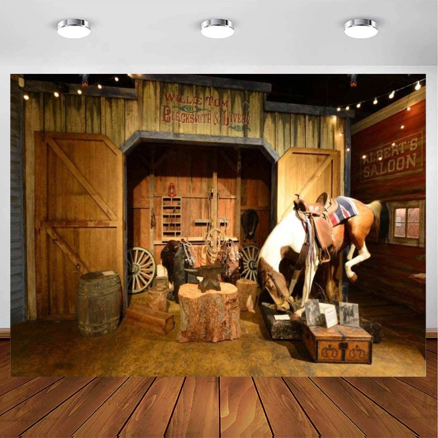 Old Wild West Stable Photography Backdrop Texas Western Cowboy Horse in Barn Anvil Tree Trunk Lantern Saddle Mews Background