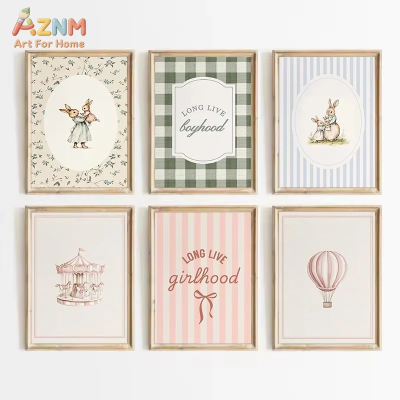 1/6PCS ，Vintage Carousel Hot Air Ballon Floral Rabbit Mother&Baby Girlhood Poster Canvas Painting Wall Art Pictures Home Decor