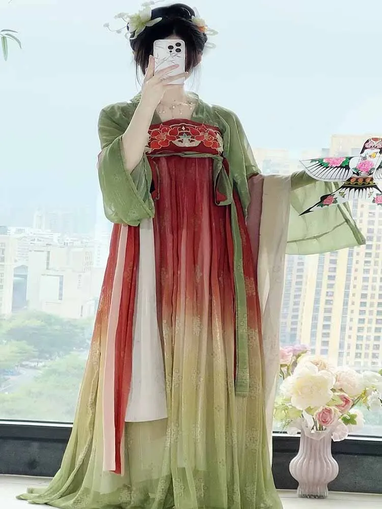 

Китайское платье Ханьфу для женщин, винтажное градиентное сине-зеленое летнее платье, сценический костюм для косплея, платье Ханьфу, костюмы Тан для женщин, размер XL