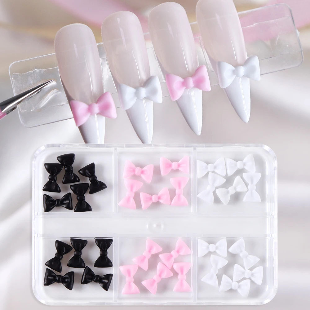 Coreano Kawaii Bow Nail Charms Decorações, Peças de Resina, Manicure Design, Unhas Acessórios Suprimentos, Branco, Preto, Rosa, Gravata, Misto