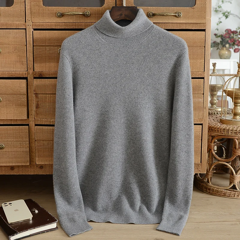 Camisola de caxemira masculina 100 pure cashmere gola alta inverno engrossado dois lapela inferior malha cor sólida camisola high-end