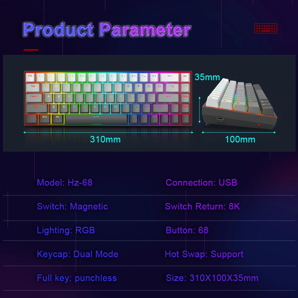 E-YOOSO Hz-68 RGB USB Mini teclado mecánico para jugar con cable 8K RT interruptor magnético 68 teclas para ordenador PC portátil cable desmontable
