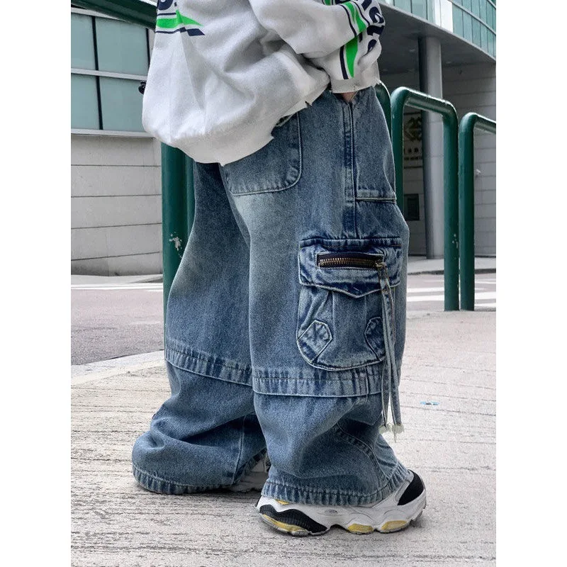 Baby Boys Loose Pants Spring Denim Trousers for Children Korean Toddler Baby Clothes Multi-Pocket Jeans Cargo Pants 2 -8 Years