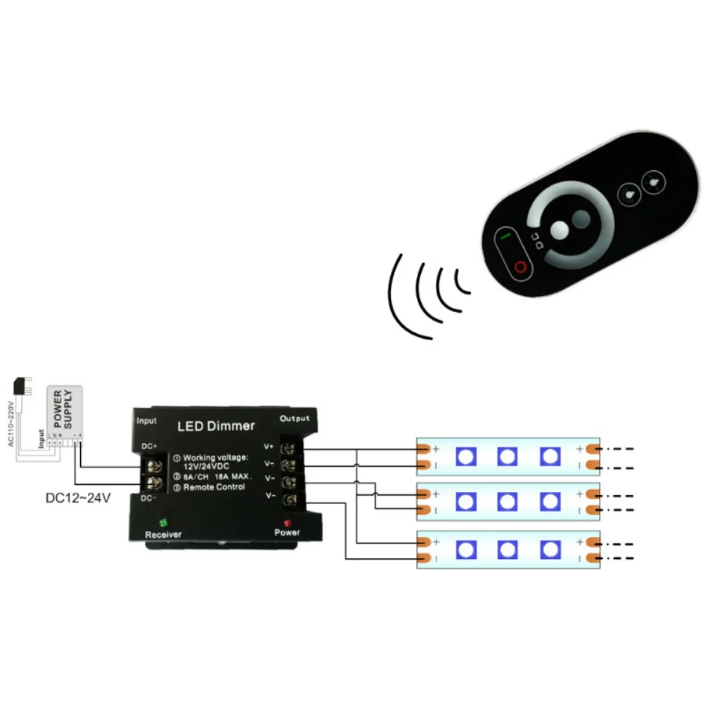 6-key Touch Monochrome Touch Light Strip Light Panel DC 12V 24V Wireless 2.4G RF Single Color Remote Controller LED Dimmer