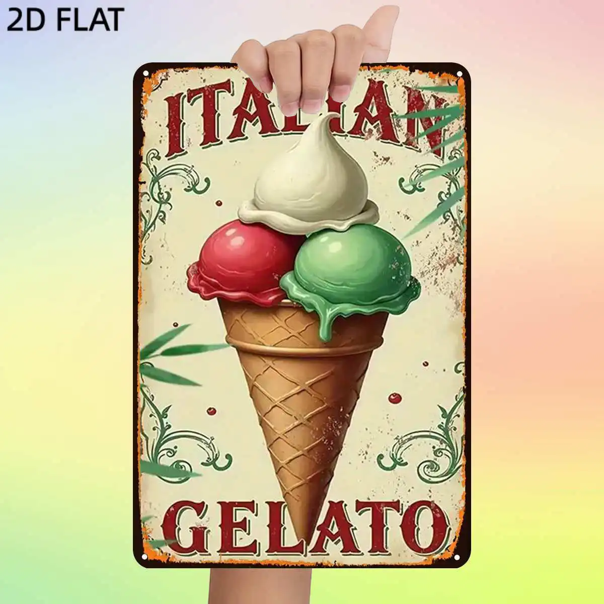 Italian Gelato: A Classic Sweet Delight Metal Iron Sign, Pre-Drilled Holes, Wall Decor for Home Farmhouse Living Room Deck Porch