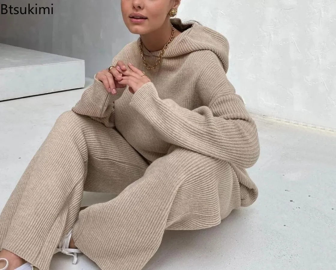 

2025 Autumn and Winter Women Fashion Sports Hoodie Set Solid Color Knitted Casual Loose Hooded Tops and Wide Leg Pants Suit