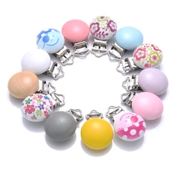 5Pcs 30mm Colorful Printing Wooden Pacifier Clips Round Wood Metal Holders for Baby DIY Pacifier Chain Soother Clasps