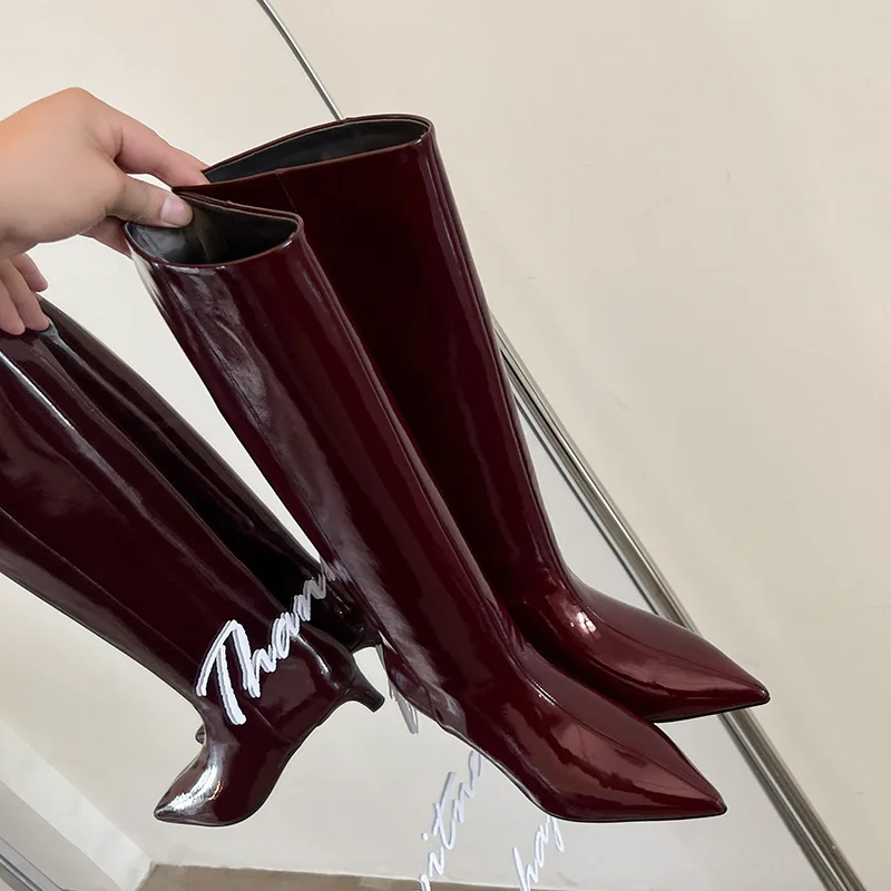 3.5CM Burgundy Genuine Leather Boots Pointed Toe Knight Botas Elegant Retro Winter Shoes Women Versatile Zapatos Mujer INS New