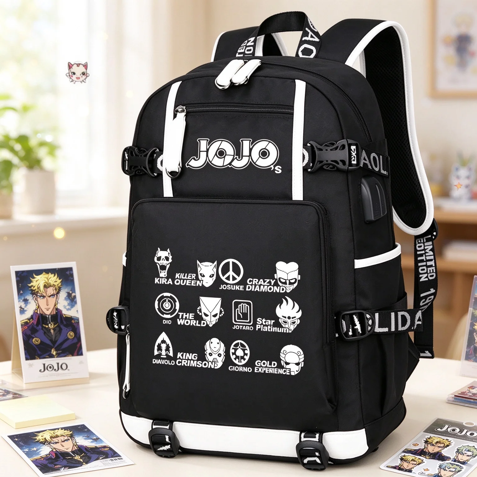 Anime JoJo's Bizarre Adventure Oxford Backpack Jonathan Joestar Anime School Bags Unisex Travel Bags Large Bookbag USB Daypack
