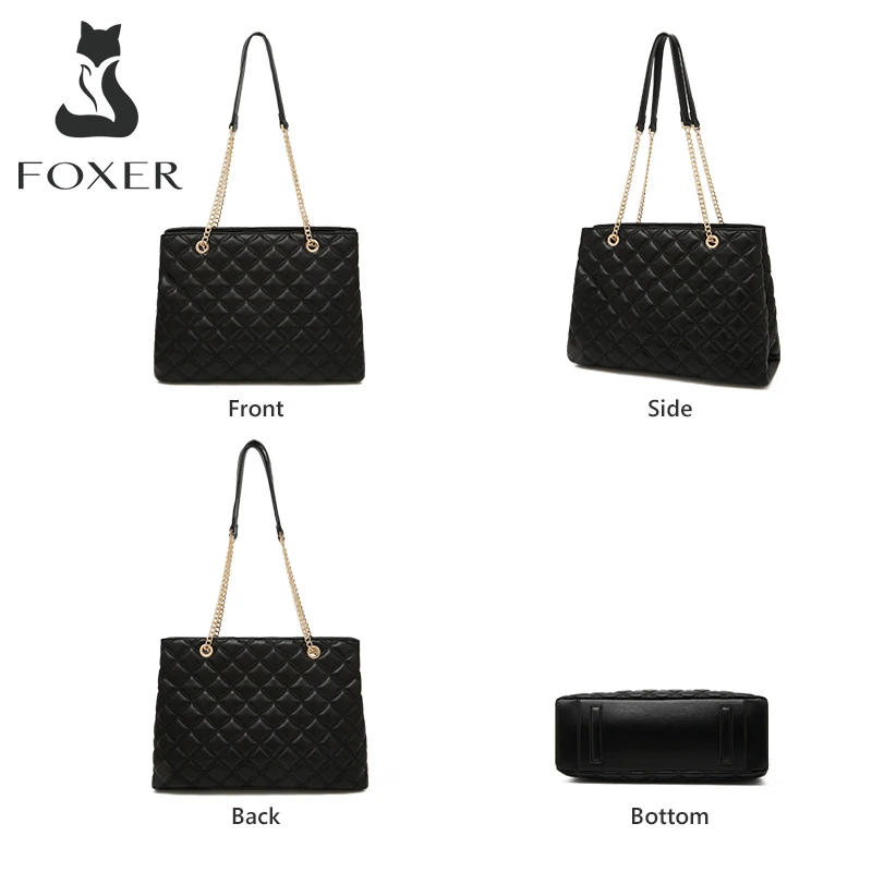 FOXER Women Chain Shoulder Bag Female High Quality Underarm Bag Fashion PU Leather Vintage Ladies Woman Simple Plaid Zipper Bags