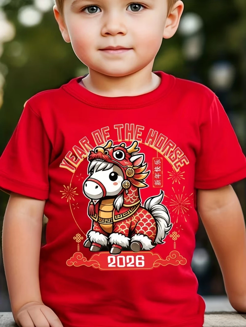 Children's T-Shirt 2026 Happy New Year Greeting Short Sleeve Casual Crew Neck T-Shirt Year of the Horse Gift Top Loose Clothing