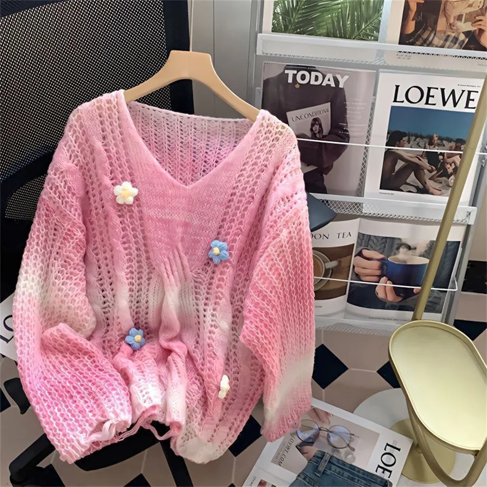 

Мягкий вязаный свитер с цветочным принтом для милых девочек, женская одежда, пальто ранней осени, свободная верхняя одежда, вязаные топы, пуловеры, свитер, новинка