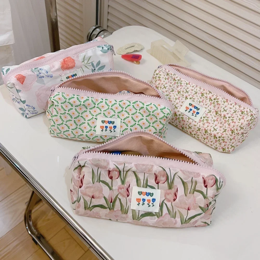 Small Floral Cotton Makeup Cosmetic Storage Bag Organizer Pouch For Brushes Student Pencil Case Women Handbags Toiletry Bags