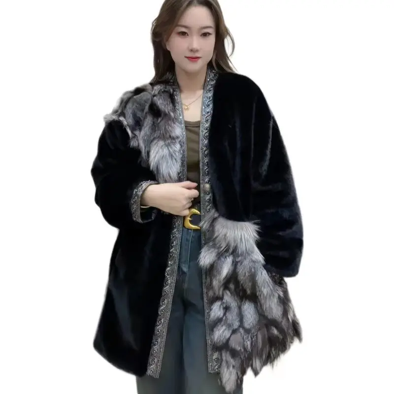 Women\'s Fur Beading Jacket,Korean Female Overcoat,Loose, Thicken Warm Long Clothes, Winter Tops, New