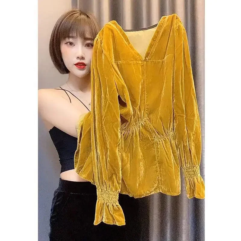 Spring Autumn Blouse Jacket New Women\'s V-Neck Gold Velvet Tops Fashion Waist Flared Sleeve Long Sleeve Shirt Coat Female