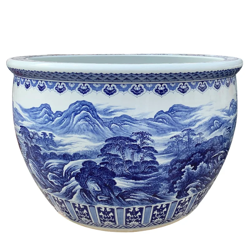 Ceramic fish tank blue and white dragon pattern household living room water lily lotus koi tank