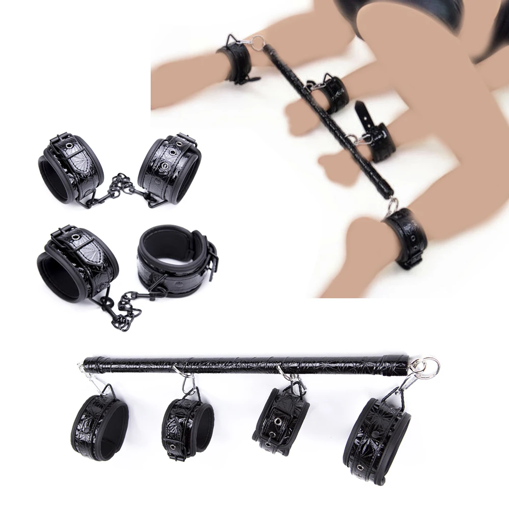 Metal Spreader Bar PU Leather Handcuffs Wrist Ankle Cuffs Open Legs Diamond Pattern Sex Toys BDSM Bondage Erotic Set Adult Game